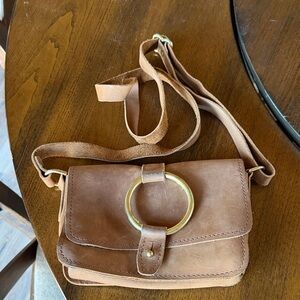 Women's Tan Leather Crossbody Bag with Gold Ring Detail